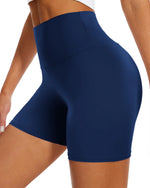 Load image into Gallery viewer, Short cycliste taille haute DHSO pour femme - 12,7 cm - Contrôle du ventre - Fitness - Entraînement athlétique - Course à pied - Yoga - Gym - Bleu marine - Tailles S à M