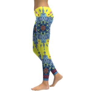 Yellow & Blue Starburst Mandala Flower Yoga Leggings | Women’s Workout Tights