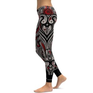 Red Rose & Black Mandala Weave Yoga Leggings | Women’s Workout Tights